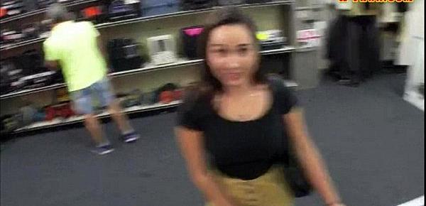  College girl flashes her tits at the pawnshop for money